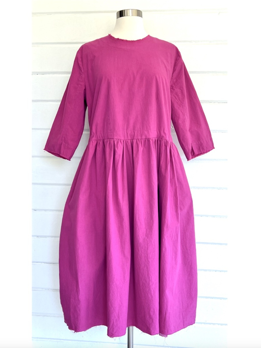 HANNOH WESSEL Cotton Midi Dress w/ 3/4 Sleeves & Tie Back in Magenta -NWT! -42/L